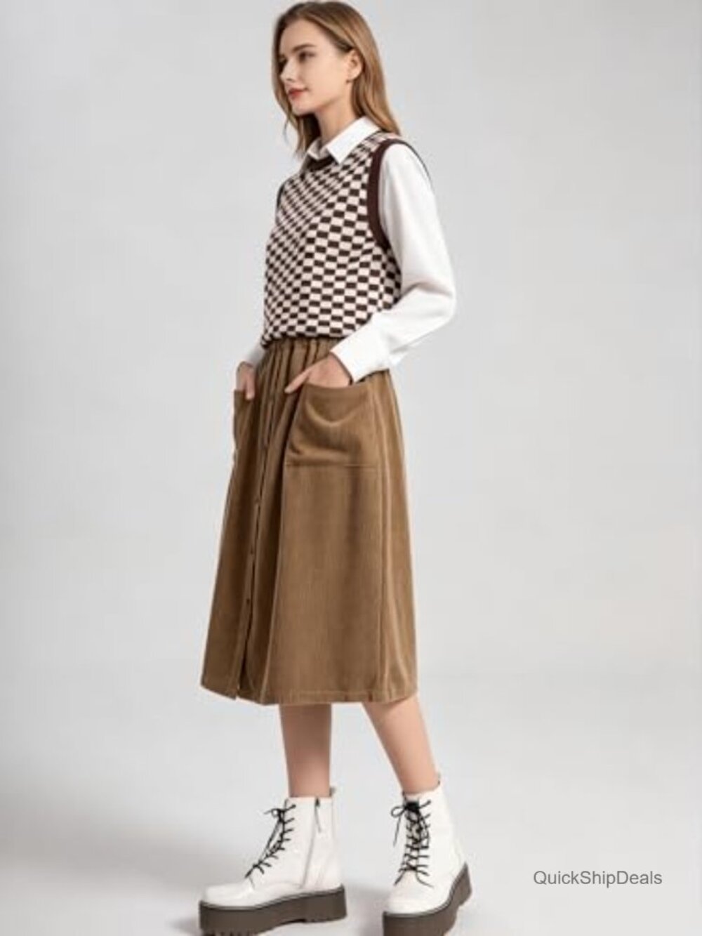 Women's Corduroy A-Line Midi Skirt Front Split Buttons Flared - Picture 5 of 6